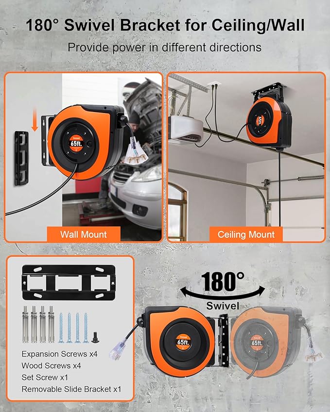 65FT Retractable Extension Cord Reel, 12AWG/3C SJTOW Heavy Duty Power Cord with Lighted Triple Tap Outlet, 15A Circuit Breaker, 180° Swivel Removable Bracket for Wall/Ceiling Mount, UL Listed