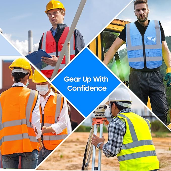Reflective Safety Vest for Men Women with 5 Pockets and Zipper Front High Visibility Construction Vest Meets ANSI/ISEA Standards