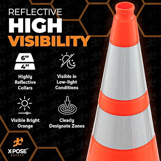 Xpose Safety 28 Inch Orange Traffic Cones with 6" & 4" Collars, 4-Pack - Multipurpose PVC Plastic Safety Cone for Parking, Soccer, Caution, Kids and Construction - DOT Approved
