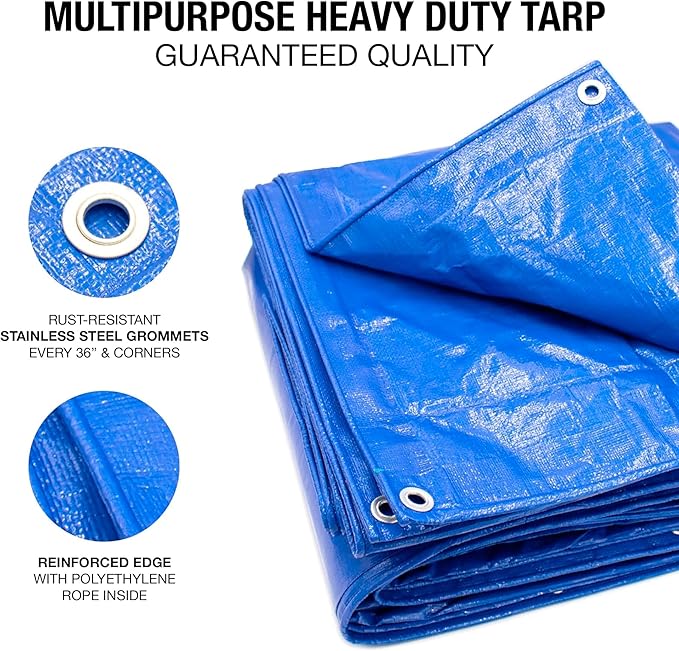 12x16 Blue Waterproof Tarp – Heavy Duty 5 MIL Thick Outdoor Tarpaulin Cover - Multi Purpose Protection for Camping, Tent, Roof, Patio, Pool, Floor, Furniture, Boat, Truck Beds, Pack of 1