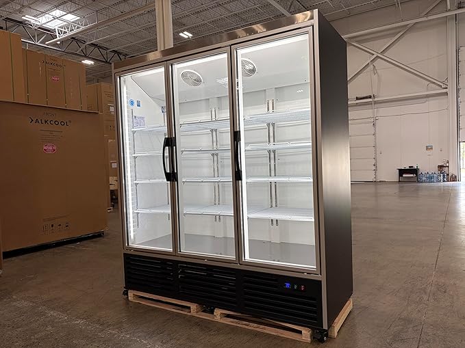71” Wide Commercial Beverage Refrigerator Display Fridge, Three Glass Door Merchandiser Drink Cooler With LED Light Adjustable Shelves,ETL Sanitation,63.5 Cu Ft,NO CANOPY,BLACK,(Wheels Included)