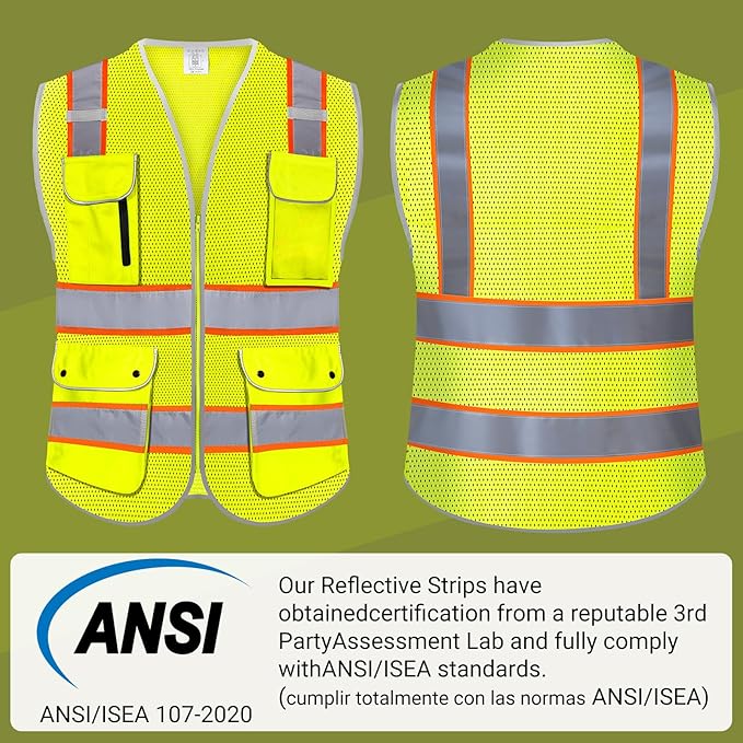 High Visibility Safety Vest - Reflective Breathable Mesh with 9 Pockets, Front Zipper for Men & Women - Meets ANSI/ISEA Standards