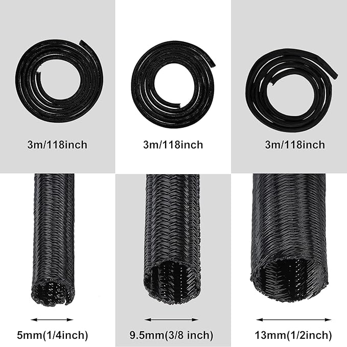 Boao 3 Pieces Cord Protector Wire Loom Tubing Cable Sleeve Split Sleeving for USB Charger Cable Cord Cover Audio Video Cable (3/8 Inch, 1/2 Inch, 1/4 Inch, Black)