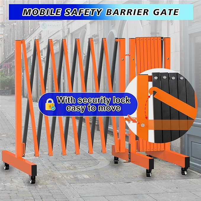 1 Set 16.8FT Industrial Metal Expandable Barricade，Retractable Traffic Fence with Casters, 270° Folding Security Gate, Portable Barricade Gate for Construction Area, Traffic Control, Cordon