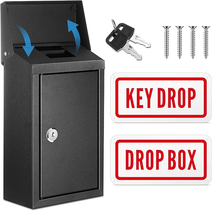 Metal Mount Wall Donation Box Key Lock Money Cash Drop Box with Top Slot and 2 Pcs Reflective Sign 10 x 5.5 x 3 Inch Safe Lock Mailbox with 2 Keys for Outside Office Business Home(Black)