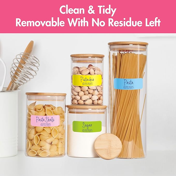 620 PCS Removable Labels, 14 Colors Self-adhesive Stickers Water/Oil/Tear Resistant Sticker for for Food Containers, Kitchen, Files, Jars, Pantry Storage, Office, Bathroom, School (10 Sheets, 2 Sizes)