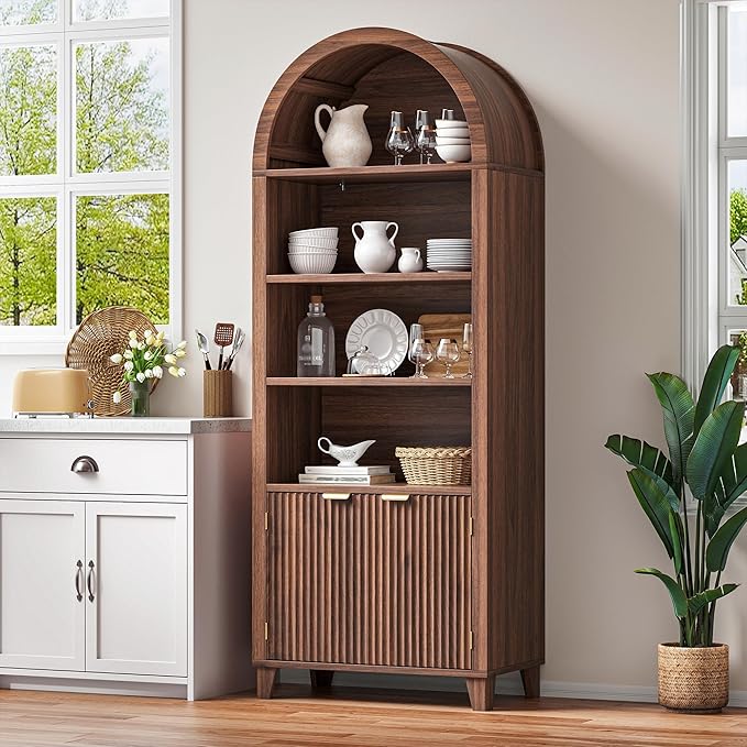 79.9" Tall Arched Storage Cabinet, 6-Tier Pantry Cabinet with Fluted Doors, Arch Kitchen Pantry with Open & Adjustable Shelves, Versatile Cupboard for Dining Room, Living Room, Walnut