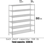 24" Deep x 72" Wide x 86" Height Wire Shelving Kit | 6-Tier | NSF Commercial Storage Rack Unit