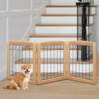 LZRS 3-Panel Freestanding Foldable Wooden Dog Gate –Solid Wood & Steel Wire Chew-Resistant Indoor Safety Pet Fence for Doorways & Stairs, Ideal for Small to Medium Dogs & Puppies, Natural