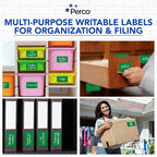 Perco Green 3x5 Inch Perforated Sticker Labels — 150 Stickers Per Roll — with Permanent Adhesive for Inventory Management, Color Coding, Moving Boxes, Retail, Organizing, Crafting & More — Made in USA