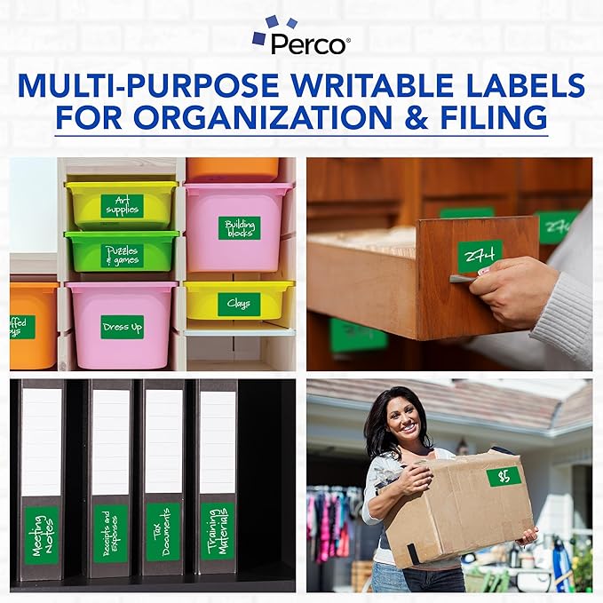 Perco Green 3x5 Inch Perforated Sticker Labels — 150 Stickers Per Roll — with Permanent Adhesive for Inventory Management, Color Coding, Moving Boxes, Retail, Organizing, Crafting & More — Made in USA