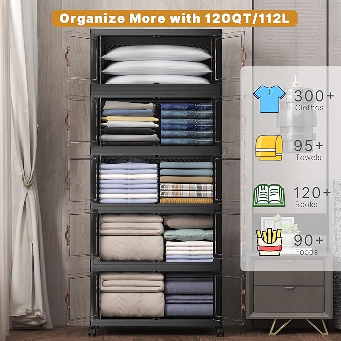 600Qt Stackable Storage Bins with Lids, 5 Pack Large Collapsible Bins with Wheels, Plastic Cabinet with Doors, Foldable Closet Organizers and Storage for Home, Dorm, Office, Black