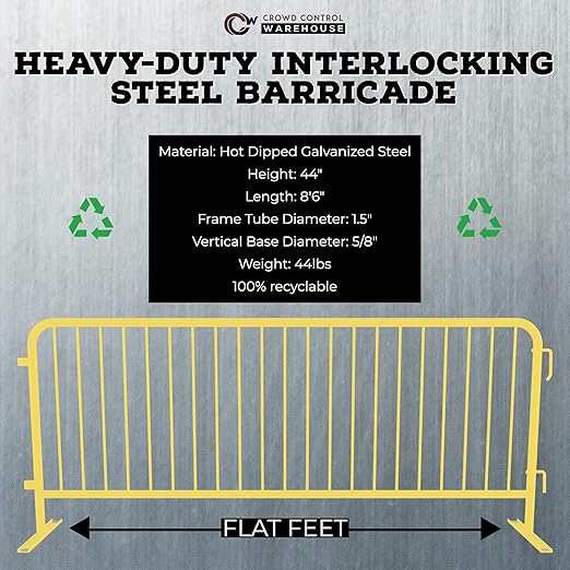 Crowd Control Warehouse Angry Bull Barricades Heavy Duty Crowd Control Metal Interlocking Barricade with Flat No-Trip Feet - 8.5 Ft. (Safety Yellow) (10 Pack)