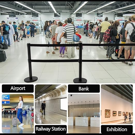 Therwen 6 Pcs Double Retractable Belt Barrier with Stanchion Dual Retractable Safety Belt Heavy Duty Crowd Control Stanchions Stainless Steel Post Holder Safety Barrier Stand (16.4 ft,Black)
