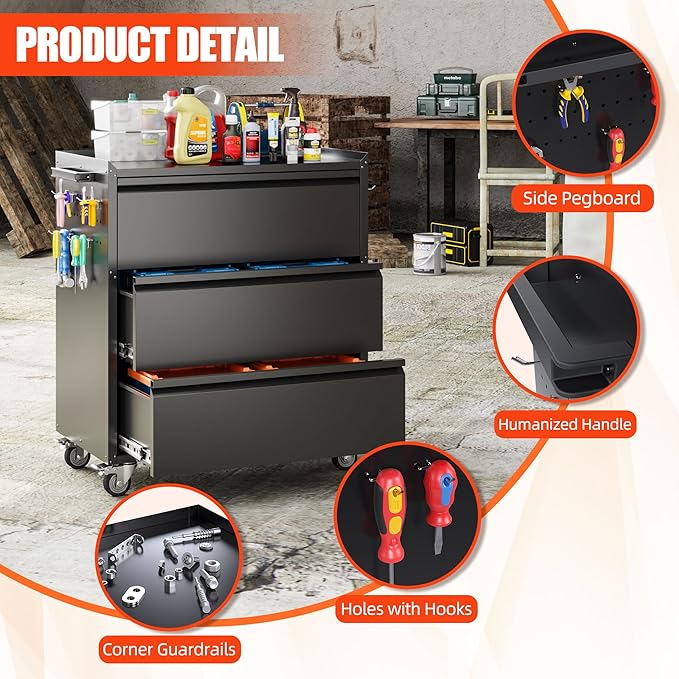Aobabo Tool Storage Garage Cabinet with Wheels, 3 Drawer Tool Chest Rolling Metal Storage Cabinet on Wheels, Assembly Required, Black