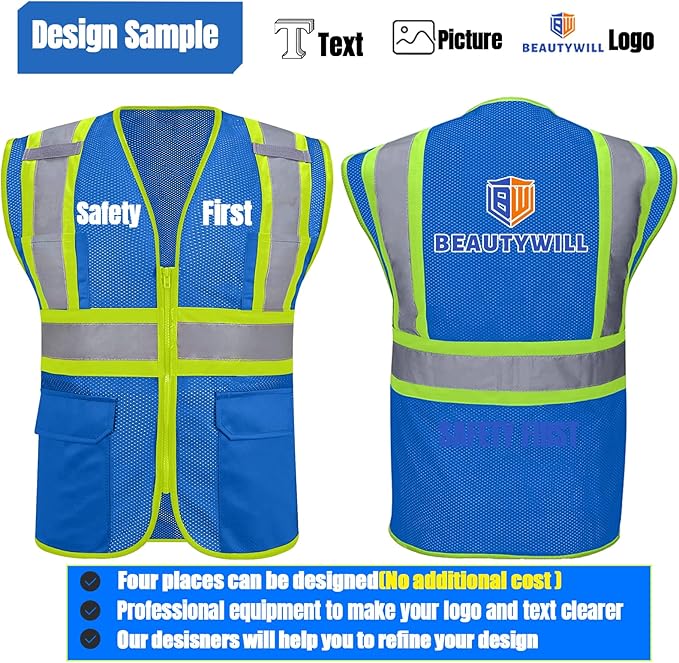 BeautyWill Custom Safety Vest Customized Logo Class 2 High Visibility Reflective Vest with Pockets Construction workwear