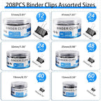208 PCS Binder Clips Assorted Sizes, Metal Large Binder Clips Bulk, Black Binding Paperwork Clamp for Paper, 6 Size Clips Office Supplies for Business and School