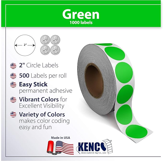 Kenco Color Coding Circle Dot Sticker Labels on a roll (Bright Green, 2 INCH 500 Stickers)