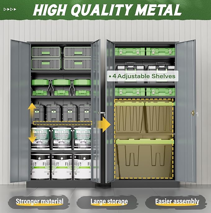 Greenvelly Metal Storage Cabinet,72 Inch Lockable Storage Cabinet with Doors and 4 Adjustable Shelves,Garage Storage Cabinets for Home,School,Gym(Black Grey)