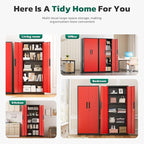 Greenvelly 63" H Metal Storage Cabinet Black Red, Locking Metal Cabinet, Store Tools, Clothes, Tableware and Toiletries, Garage Cabinets with Adjustable Shelves for Office, Home, Garage, Pantry