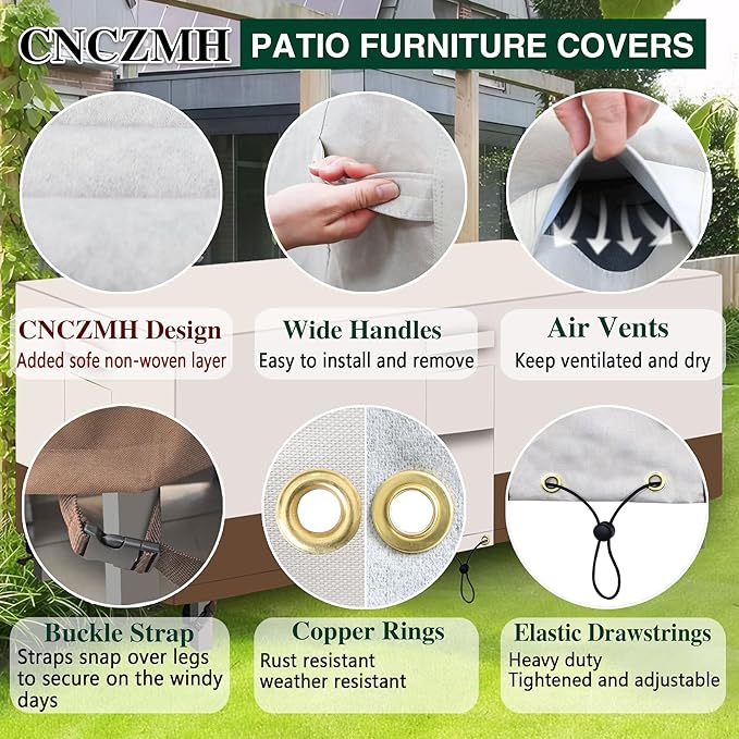Heavy Duty Patio Furniture Covers Waterproof, 600D Outdoor Furniture Cover Waterproof for Sectional Sofa Couch, Outdoor Dining Table and Chair Set Covers 124''L x 72''W x 28''H, Beige Brown