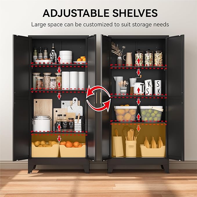 COFaR 61" Tall Pantry Cabinet in Black, Modern Storage Cabinet with Adjustable Shelves, Sturdy Metal Cupboard for Kitchen, Office, Living Room & Bathroom Organization