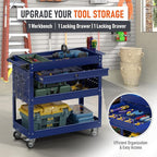 3 Tier Rolling Tool Cart, Heavy Duty Service Cart on Wheels for Mechanics,400 LBS Utility Cart with Drawers for Garage, Warehouse & Repair Shop (DARKBLUE)