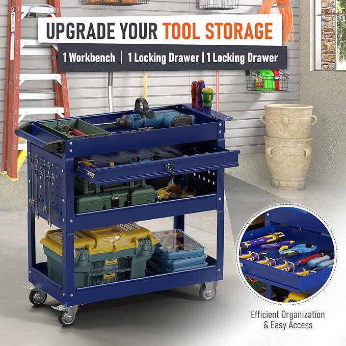 3 Tier Rolling Tool Cart, Heavy Duty Service Cart on Wheels for Mechanics,400 LBS Utility Cart with Drawers for Garage, Warehouse & Repair Shop (DARKBLUE)