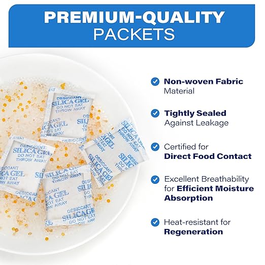 LotFancy 5 Gram (50 Pack) Silica Gel Packets, Color Indicating Desiccant - Rechargeable Moisture Absorbers for Food Storage, Electronics, 3D Filament & Safes
