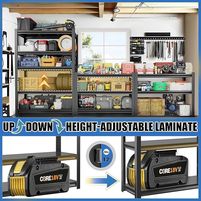 72"H Storage Shelves 5 Tier Garage Shelving Unit 3000LBS Metal Shelving Heavy Duty Adjustable storage rack for Basement, Warehouse, Pantry, Closet, Kitchen 72" H x 39.4" W x 19.7" D, Black