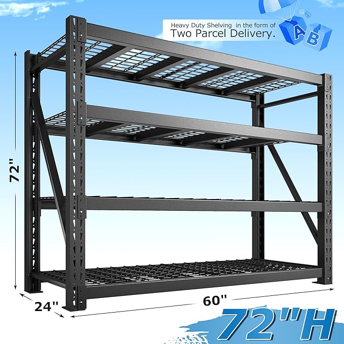 Bepatio 11000LBS Garage Shelving Heavy Duty, 72" H Storage Shelves Adjustable 4-Tier Metal Shelves, Industrial Shelving for Garage,Shop, Warehouse, Basement, Commercial, 72" H× 60" W × 24" D, Black