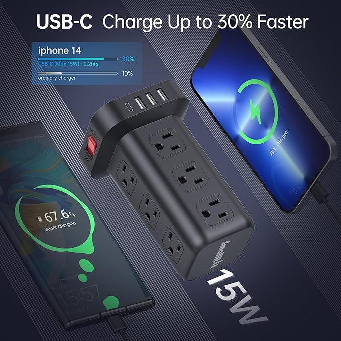 2 Pcs Power Strips with Surge Protection, 6.5 FT Extension Cord with Multiple Outlets, 12 AC 4 USB (1 USB C), Surge Protector Power Strip Tower Overload Protection for Home Office Desk