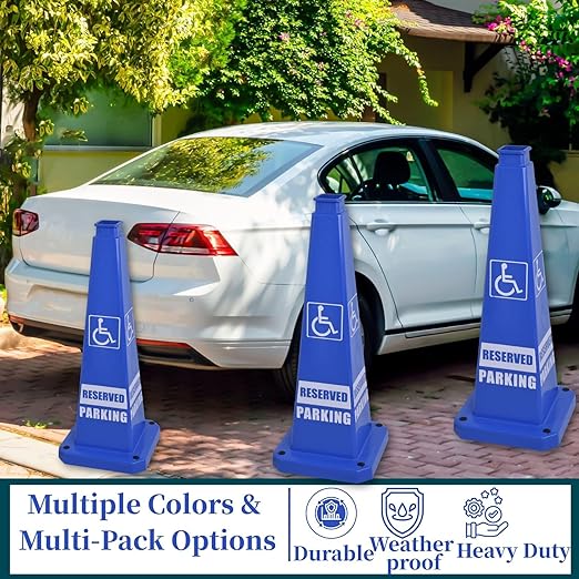 BESEA Reserved Parking Cone 6 Pack, 28" No Parking Sign Cone with Weighted Base, Blue 4-Sided “ Reserved Parking” Warning Cone for Driveways Business Parking Lots Garages Indoor/Outdoor