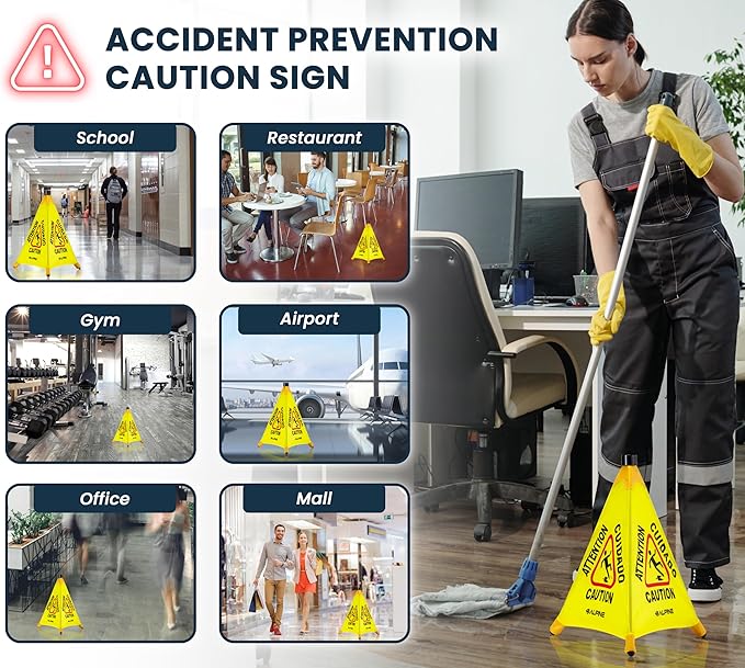 Alpine Caution Wet Floor Sign 6 Pack - Pop Up Slippery When Wet Sign, Wall Mounted Foldable Bilingual Yellow Safety Warning Caution Cone for Commercial & Office Use (20 Inches)