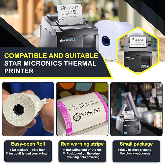 Receipt Paper Roll 3 1/8 x 230 for Square Register and Square POS System connected to Star Micronics Thermal Printer (Pack 24 rolls)
