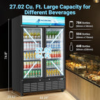 AAOBOSI Commercial Merchandiser Refrigerator,27.02 Cu.Ft Glass Door Display Refrigerator,Upright Beverage Cooler Fridge with Soft LED Light, Customizable Lightbox,Universal Casters,Adjustable Shelves