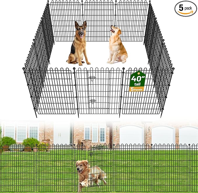 5 Panels No Dig Decorative Garden Fence with Gate for Yard, 40 in(H) X 11.8 ft(L) Animal Barrier Fencing for Outdoor Dog, Metal Portable Garden Fences for Borders, Pets, Landscape, Temporary Fence