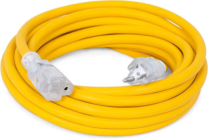 Internet's Best 25 FT Power Extension Cord with LED Lighted Plugs | 12 AWG (Gauge 12/3) Heavy Duty Outdoor/Indoor Power Extension Cable Cord | NEMA 5-15 R & 5-15P SJTW | Yellow