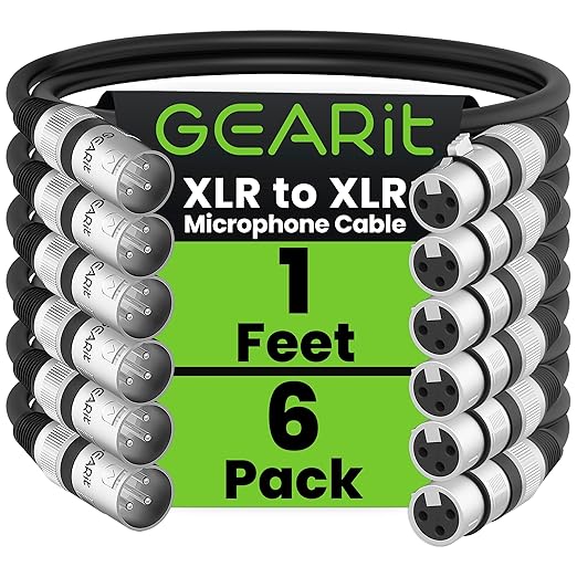 GEARit XLR Male to Female Microphone Cable (1 Feet, 6 Pack) 3-Pin Balanced Shielded Mixer, Recording Studio, Podcast - Black