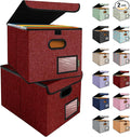 BALEINE Modern Red File Storage Box with Lid, Collapsible File Folder Organizer, 2 Pack, 15x12.5x10.5 inches