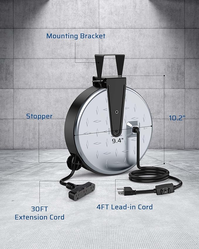 DEWENWILS Metal Extension Cord Reel,30FT Retractable Extension Cord, 16AWG/3C SJTW Power Cord, 3 Electrical Outlets, 10A Circuit Breaker, Wall or Ceiling Mountable for Workshop, Garage, UL Listed