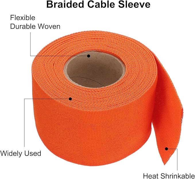 MECCANIXITY Braided Cable Sleeves Heat Shrinkable Fabric Sleeving, 2" 26ft Orange 2:1 Ratio Heat Shrinkable Cord Protector for Harness Cable, Network Cable Protection, Cable Management