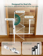 BABELIO 36" Tall Dog Gate PressGuard C5, 26-40" Wide Auto Close Baby Gate, Pressure Mounted Metal Pet Gate, Easy Install No Drilling, No Tools Needed, with Wall Protectors and Extension Kits, White