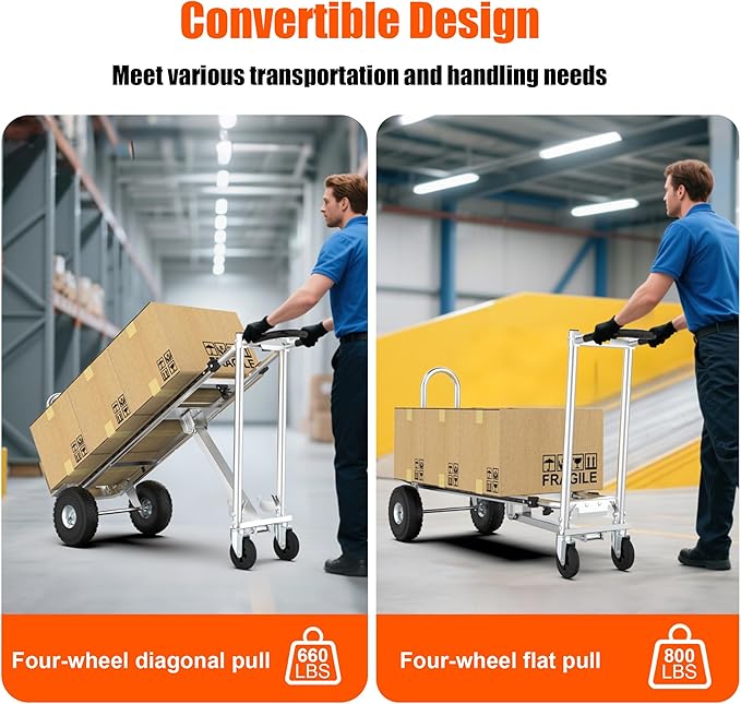 3in1 Convertible Hand Truck Dolly Cart, 880 lb Aluminum Hand Trucks Heavy Duty Furniture Appliance Dolly W/10 Wheels,Utility Cart for Transport & Moving Office, Home & Warehouse Use (Silver)