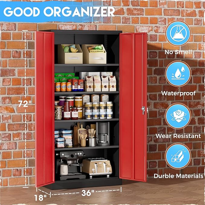 Greenvelly Metal Cabinet with 2 Doors and Adjustable Shelves, 72”H Steel Storage Cabinet, Locking Tall Metal Storage for Office, Home, Garage, School