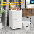 2 Drawer Mobile File Cabinet with Lock, Metal Filing Cabinets with Wheels, White Rolling Storage Cabinet, Under Desk Vertical File Cabinet for Home Office, Lockable Steel Two Drawer for Letter Size