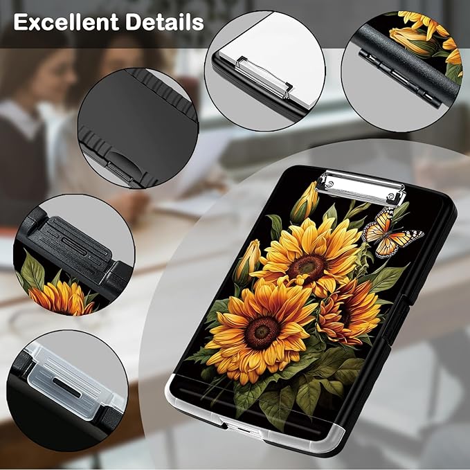 Clipboard with Storage,Office Supplies Nursing Clipboards Folder with Pen Holder Smooth Writing Plastic Storage ClipBoard Foldable for Teacher Nurse,Butterfly Sunflowers