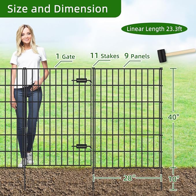 Metal Garden Fence with Gate 40in (H) x 23.3ft (L), 1 Gate + 9 Panels Dog Fence Border Fence Animal Barrier, No Dig Garden Fencing for Yard Flower Bed Lawn Patio Outdoor, PIN402810G Black