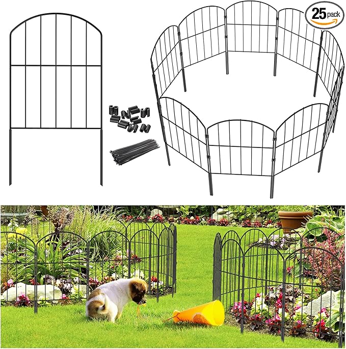 Goovilla Garden Fence, Total 27ft(L) x 24in(H) Garden Fencing Animal Barrier, 25 Pcs Rustproof Metal Fence Panels, Black No Dig Fence, Decorative Garden Fences and Borders for Dogs, Flower Bed, Patio