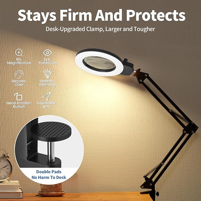 HITTI 12X Ultra Long Magnifying Glass with Light and Clamp, Upgrade Infinite Color and Brightness Workbench Light, Hands Free LED Magnifier Light and Stand for Crafts Reading Painting Soldering Hobby